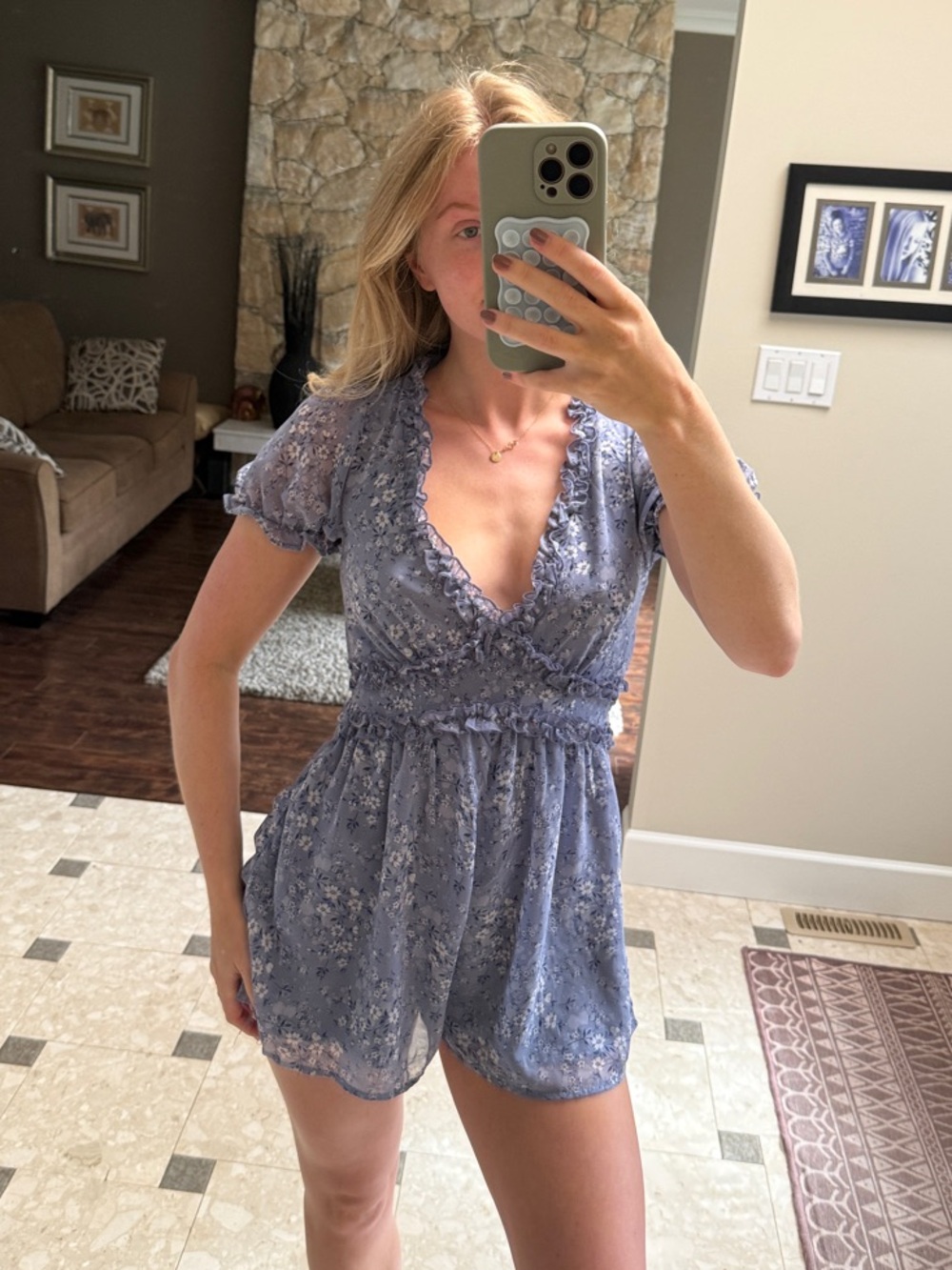 Trixxi Dusty Blue Lace V-Neck Romper